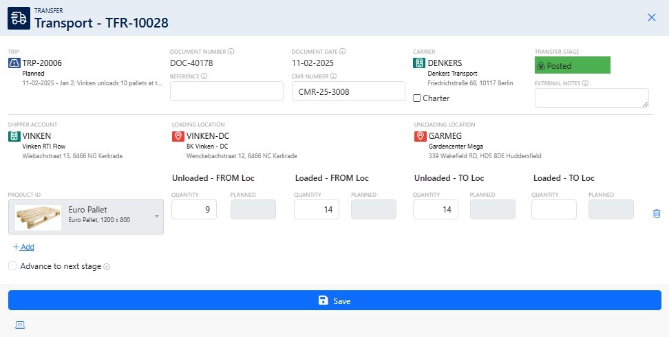 Transport en Trips Module Transfer review screen