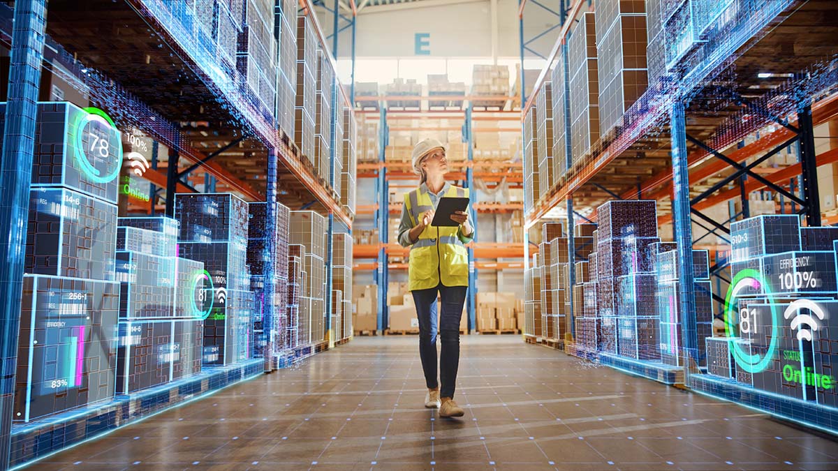 Illustrative photo: a woman in safety clothing carrying a clipboard, walking through a warehouse counting stock. Figures are projected on the goods in the warehouse.