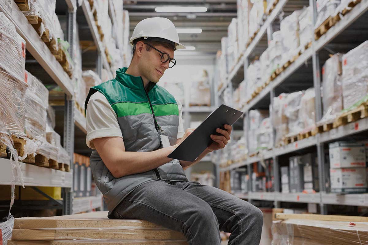 Man in warehouse sitting on a box looking at a clipboard